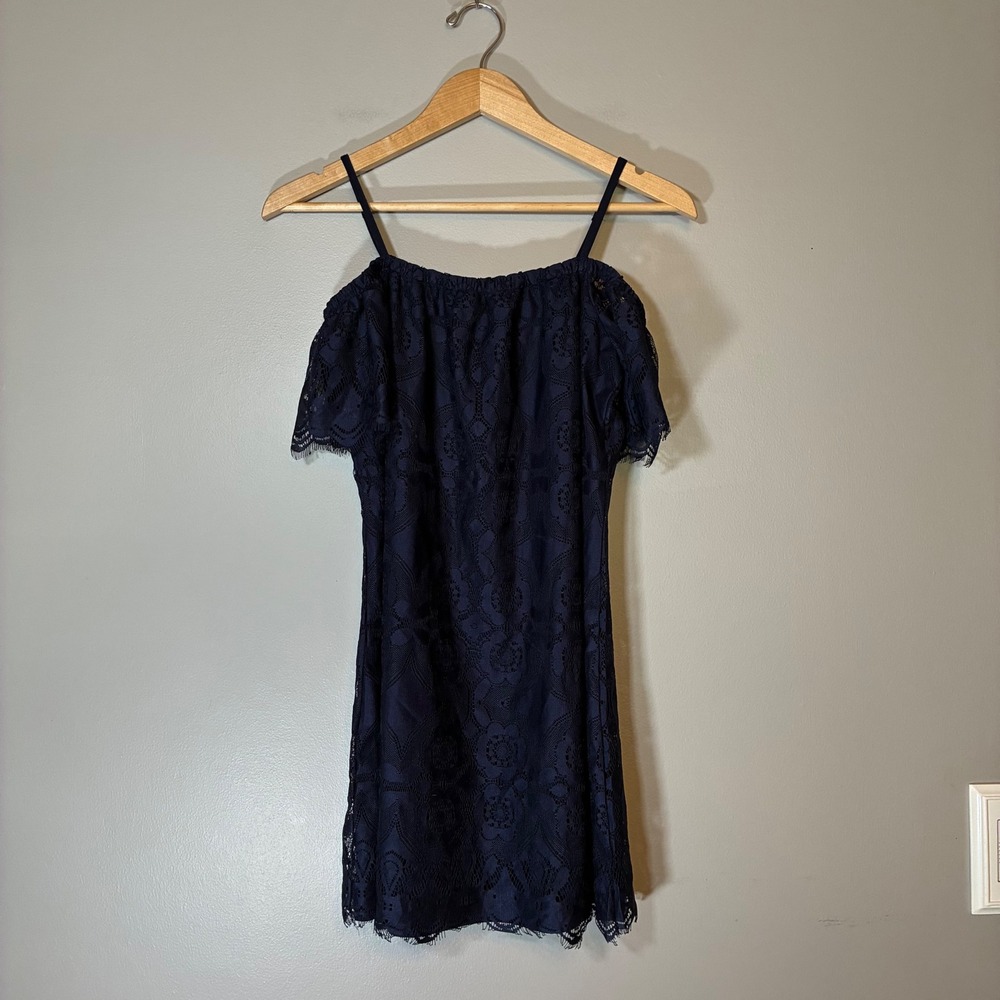 No Comment NY-LA Navy Blue Floral Lace Off Shoulder Dress Small 5X04 Boho Chic